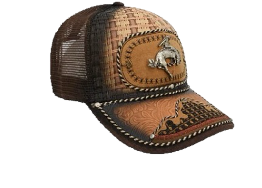 A brown and black trucker cap with western-style embroidery and a snapback closure.