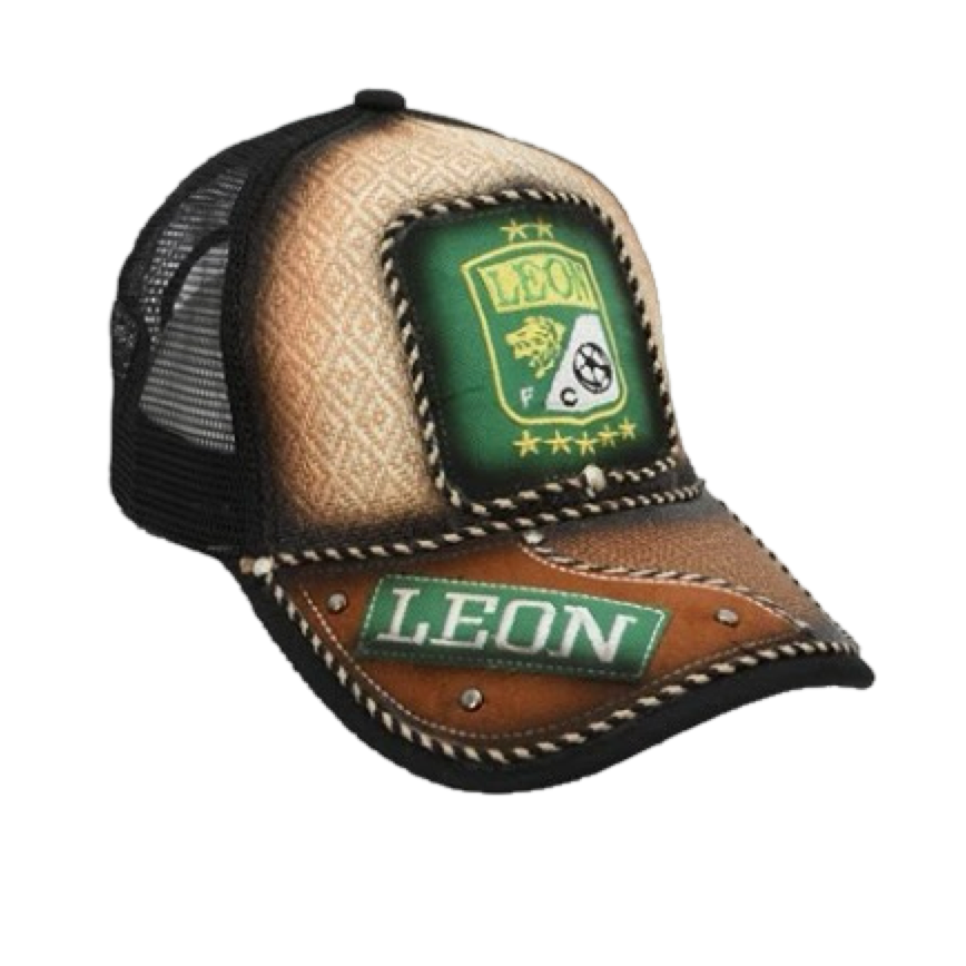 A western style trucker cap with a curved visor, structured front panel, and mesh back. It features leather-look material with embroidery and a snapback closure.