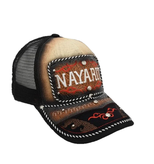 A western style trucker cap with a curved visor, embroidered front panel, and a breathable mesh back. It features a snapback closure and is decorated with a floral and animal pattern design.