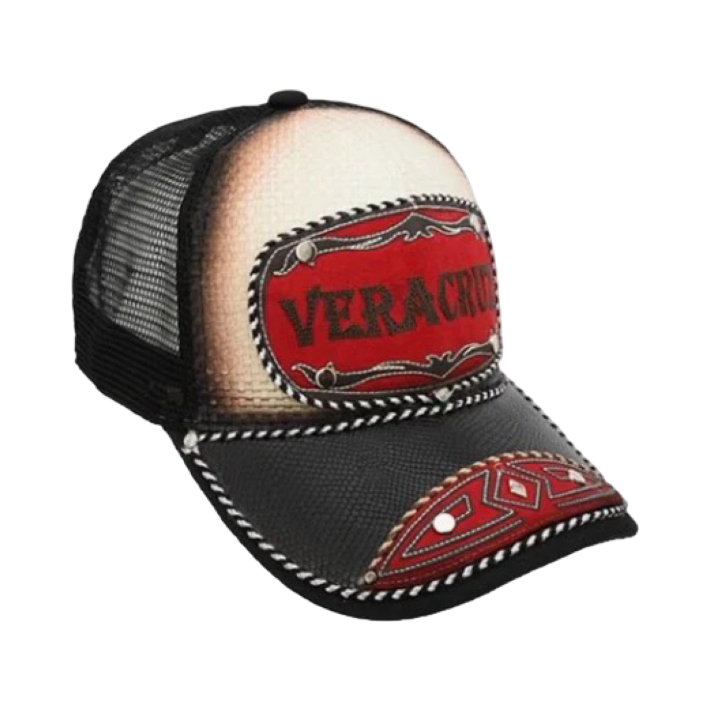 A black and red trucker cap with 'VERACRUZ' embroidered in white on the front panel, featuring a curved visor and breathable mesh back.