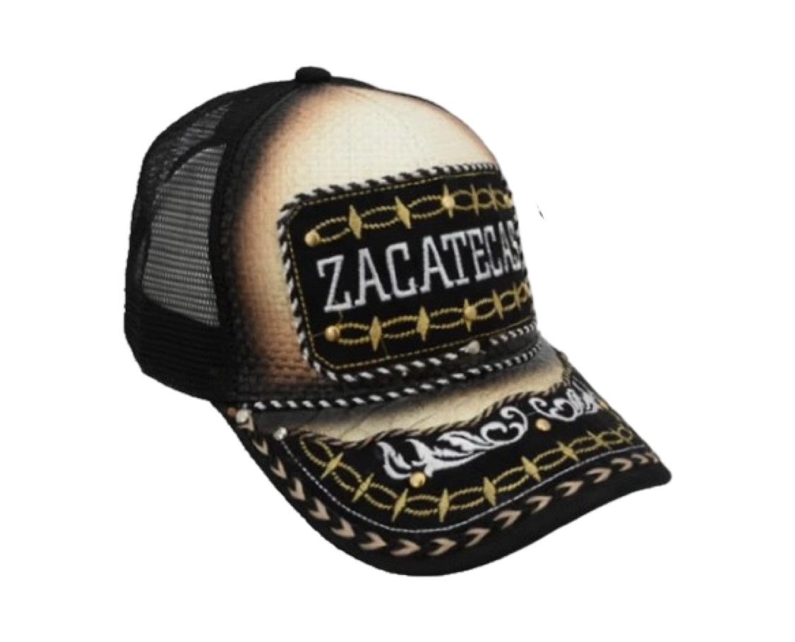 A black and beige trucker cap with embroidered details and the text 'ZACATECAS' on the front.