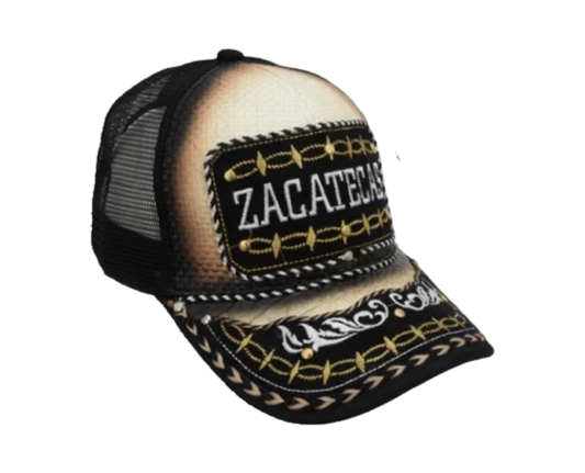 A black and beige trucker cap with embroidered details and the text 'ZACATECAS' on the front.