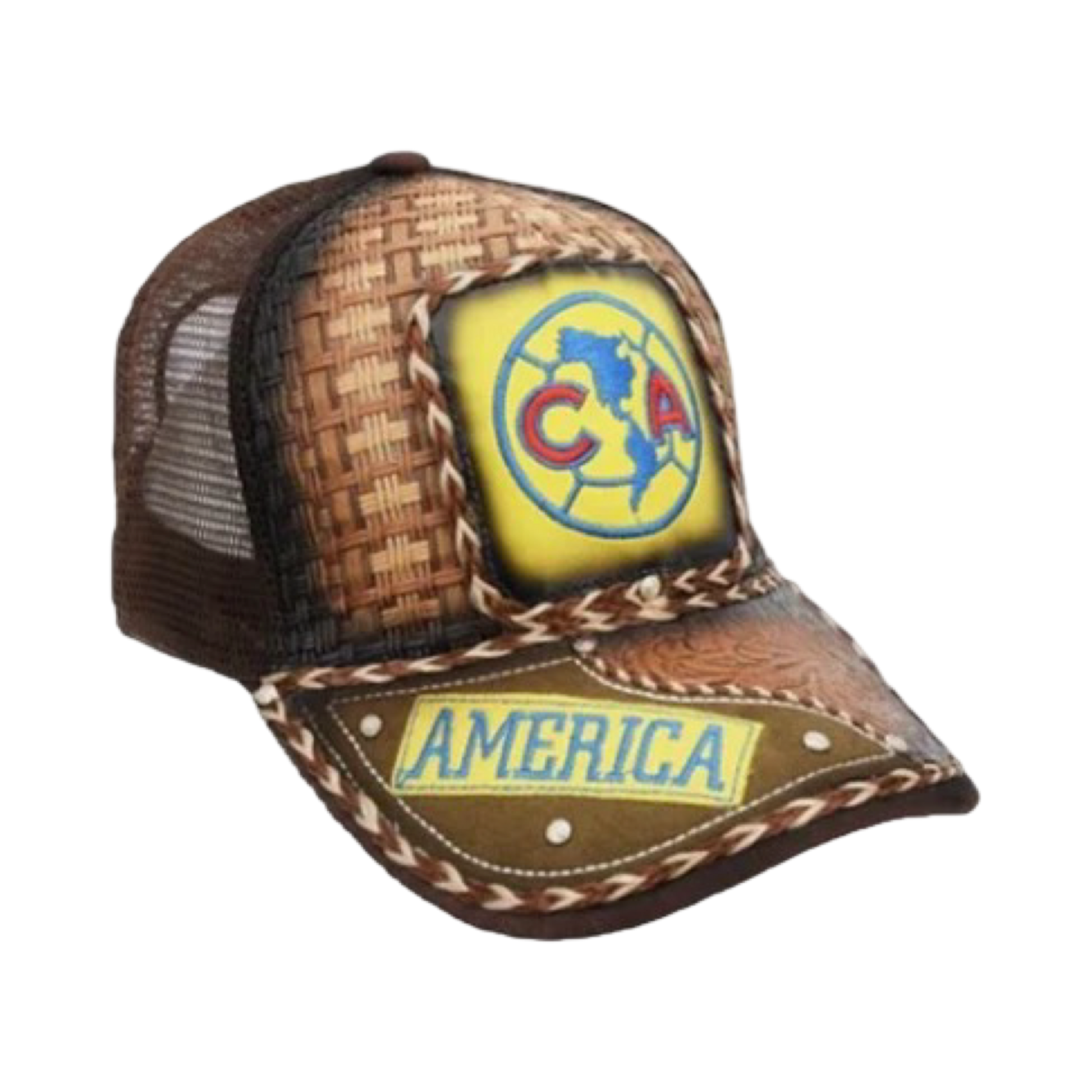 A trucker cap with a curved visor featuring a woven pattern, an embroidered logo on the front, and the text 'AMERICA' on the side.