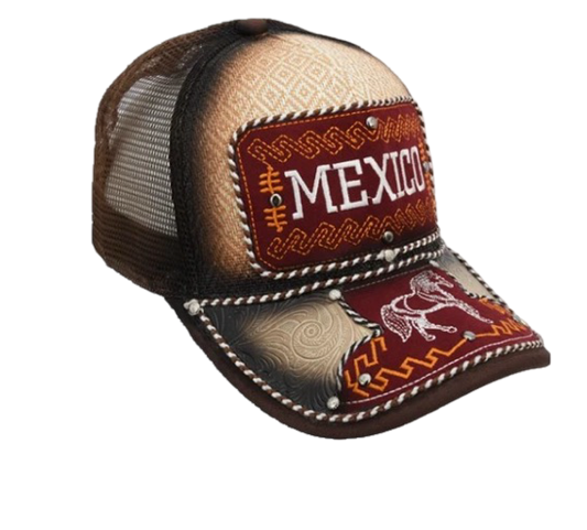 A beige and brown trucker cap with 'MEXICO' embroidery on the front panel, decorative patterns, and a snapback closure.