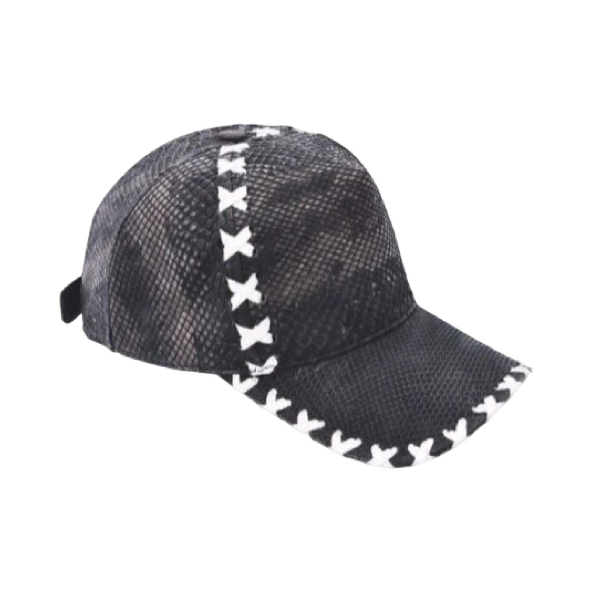 A black and white western cap with a patterned design and white embellishments, closed at the back, branded by White Diamonds Boots.