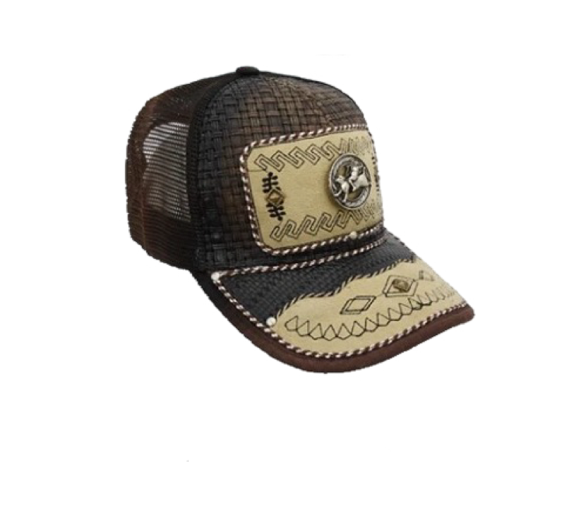 A brown and white trucker cap with embroidered details and a snapback closure.