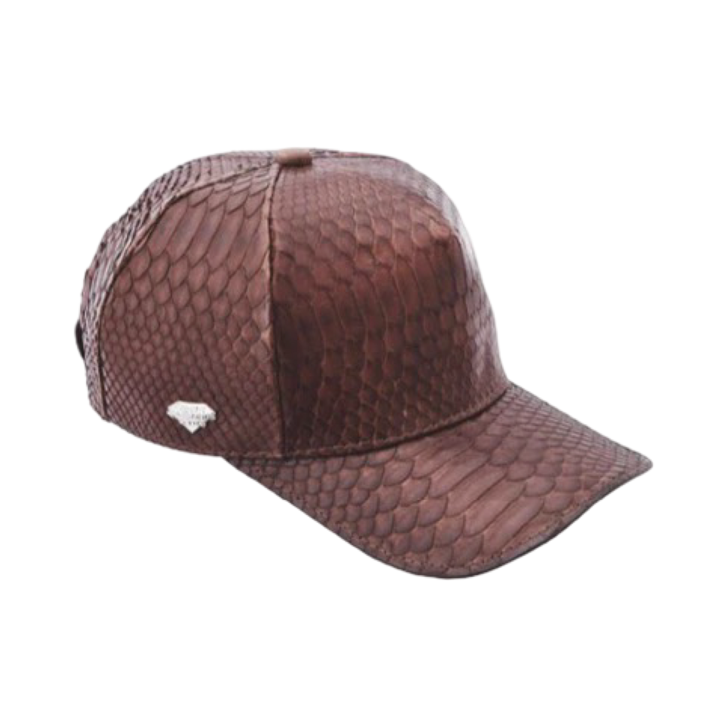 A brown western cap made of python skin with a closure at the back, branded by White Diamonds Boots.
