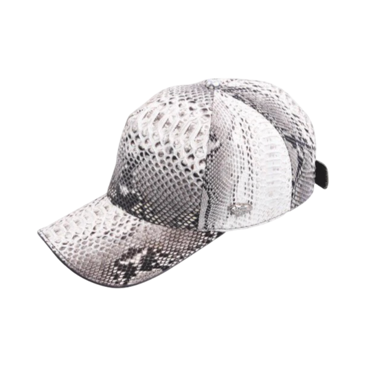 Snake skin patterned cap on a white background