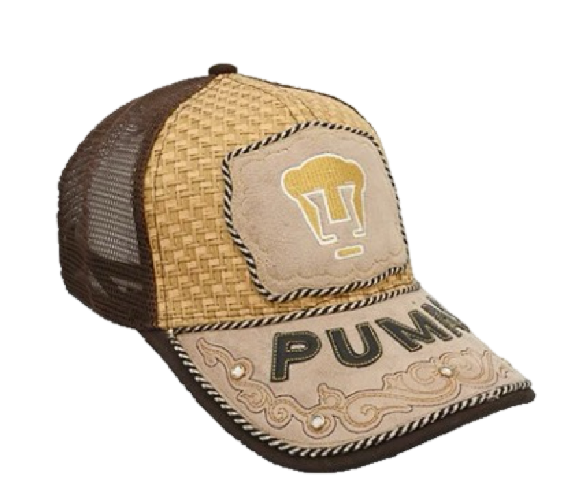A beige and black trucker cap with embroidery featuring the text 'PUMA' and a logo, designed with a curved visor and breathable mesh back.