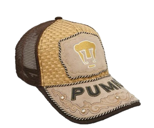 A beige and black trucker cap with embroidery featuring the text 'PUMA' and a logo, designed with a curved visor and breathable mesh back.