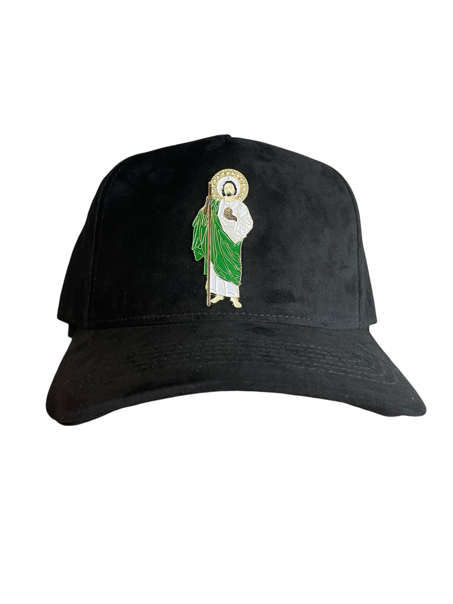 A black trucker cap with a curved visor featuring a embroidered logo of a charro (rider) on the front.