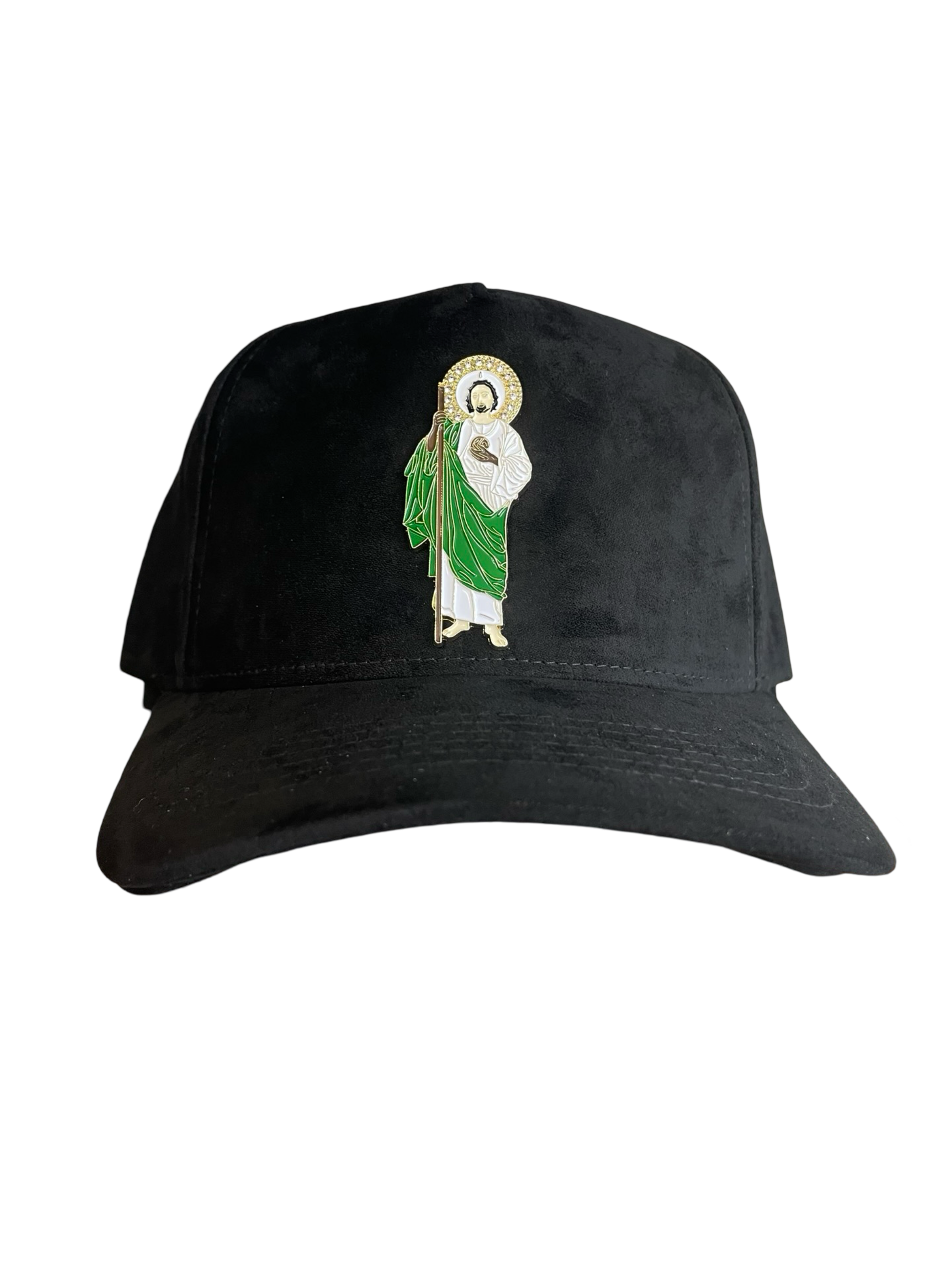 A black trucker cap with a curved visor featuring a embroidered logo of a charro (rider) on the front.