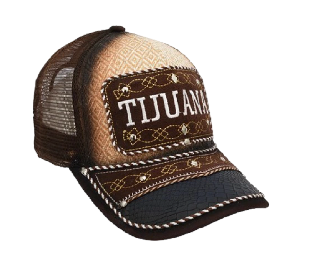 A brown and white trucker cap with 'TIJUANA' embroidered on the front.