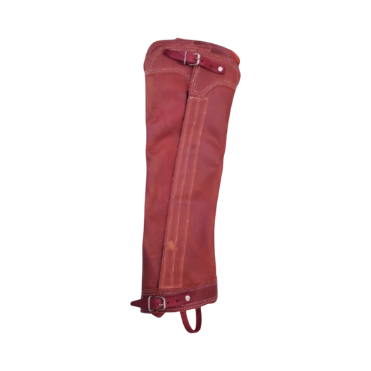 A brown leather gaiter with a solid pattern and a buckle closure.