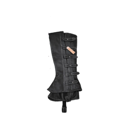 A black leather gaiter with a buckle closure and a small wooden piece, likely used for mounting a horse.