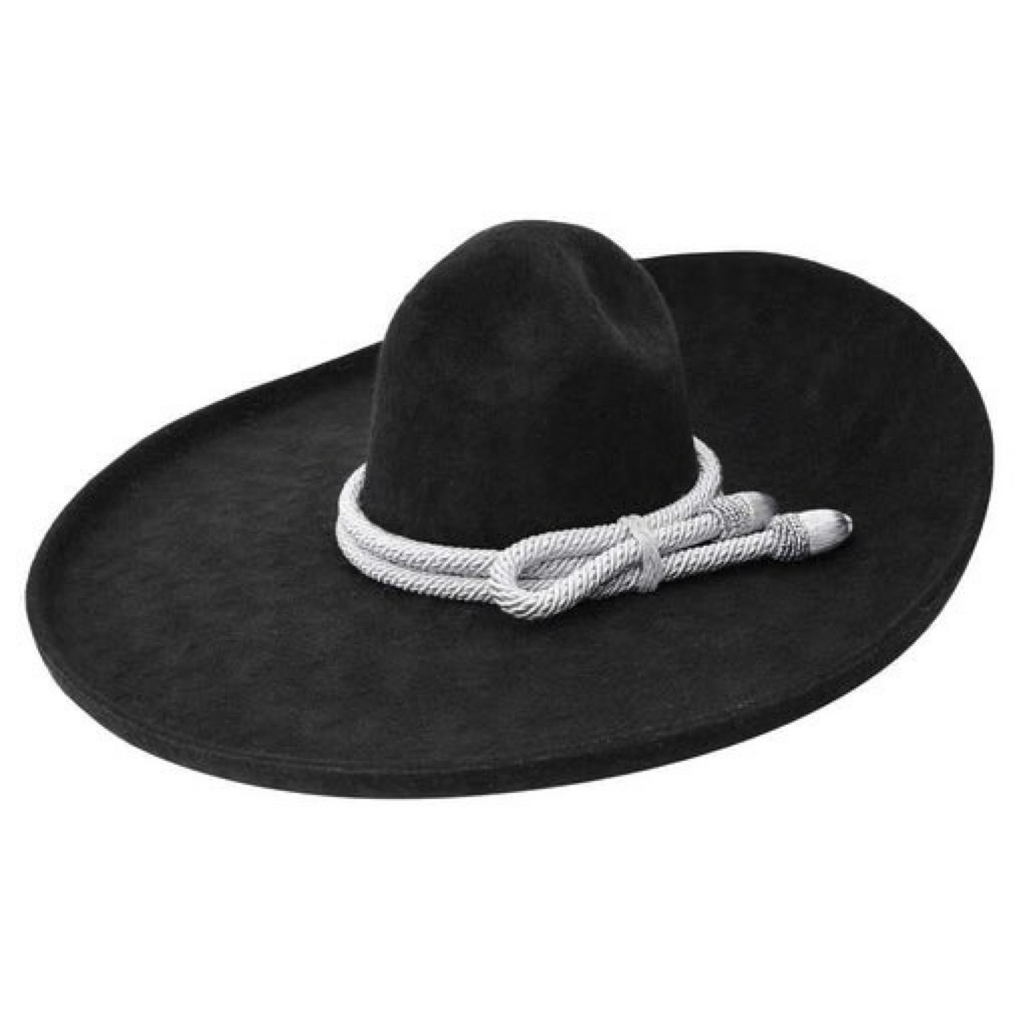 A black sombrero charro hat with a white band and detail.