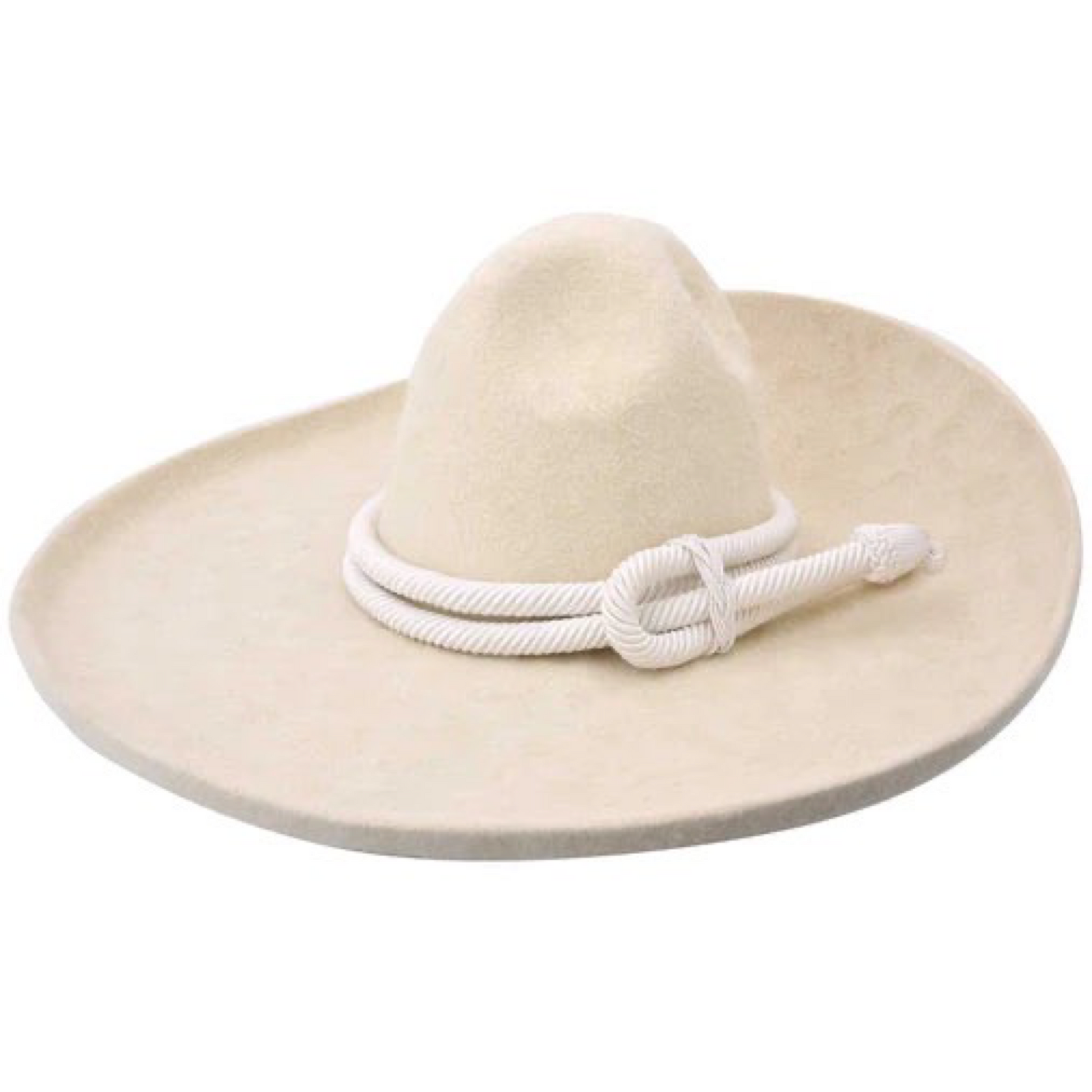 A beige sombrero with a white rope detail around the base.