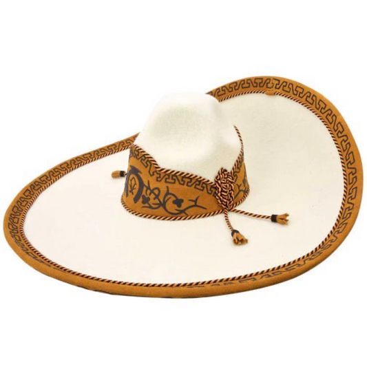 A traditional Mexican Sombrero Charro with a white brim and brown crown, featuring a white diamond pattern and decorative details.
