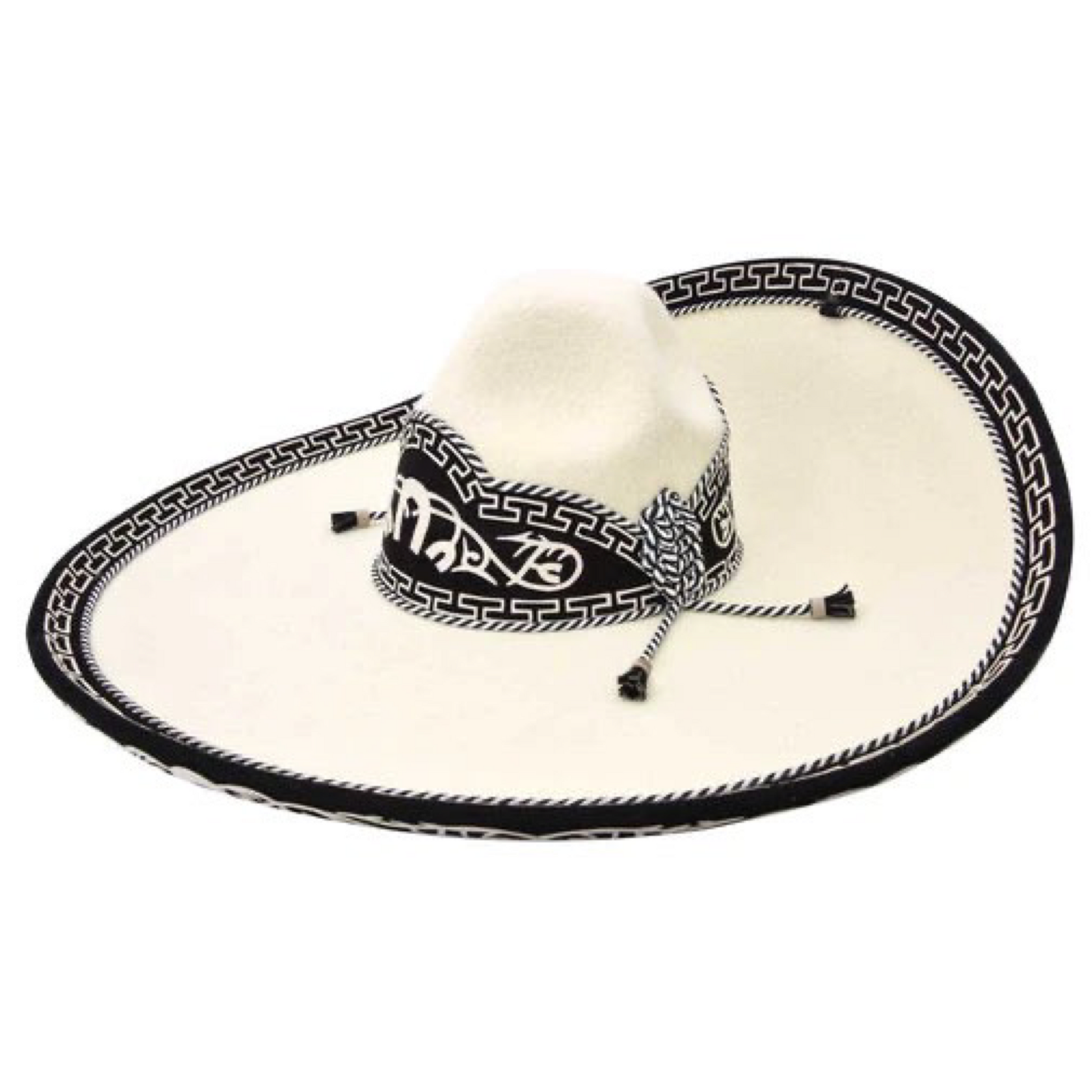 A traditional Mexican Sombrero Charro with a white brim and black diamond pattern, featuring a decorative band and a small rosette.