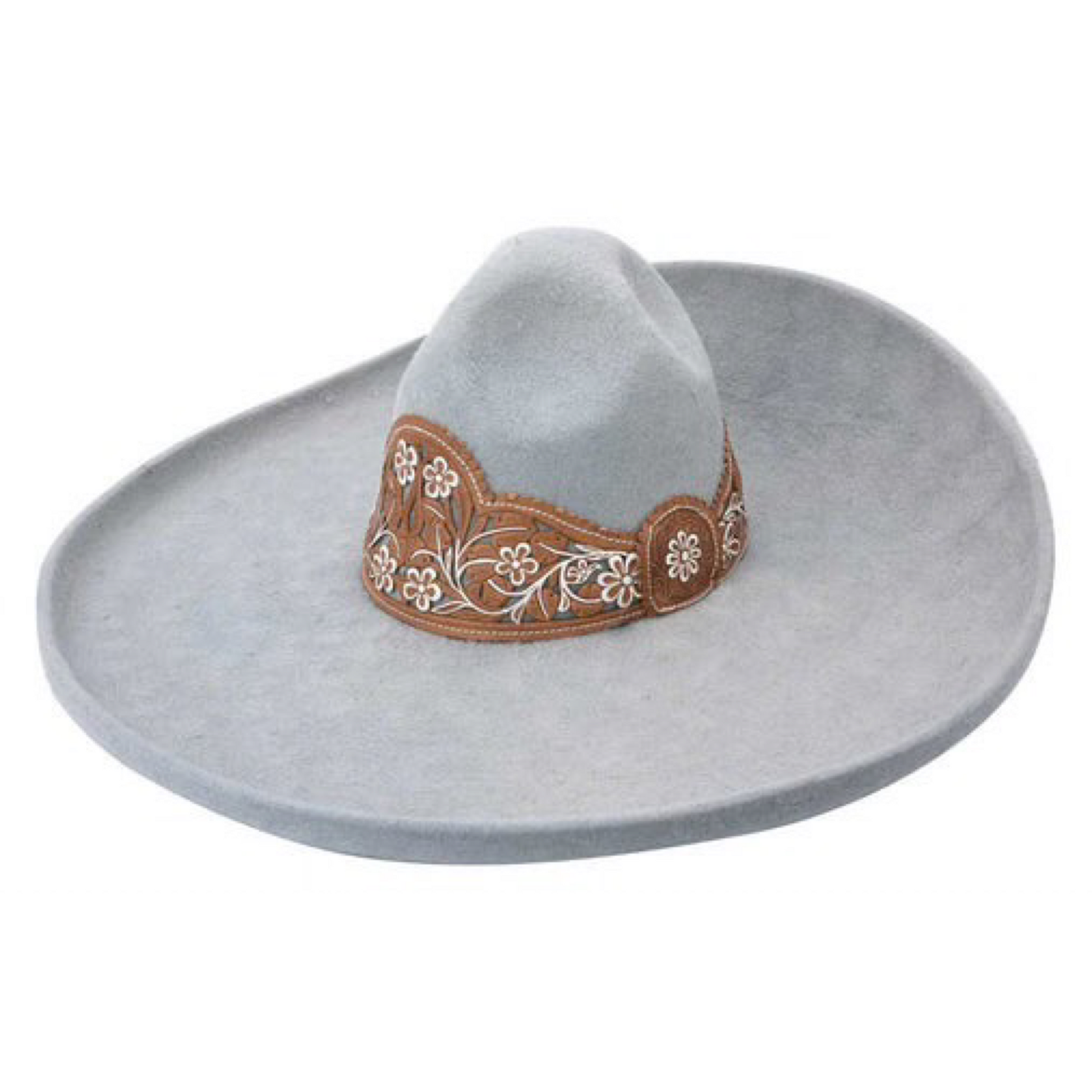 A traditional gray sombrero with a decorative band and embroidered details.