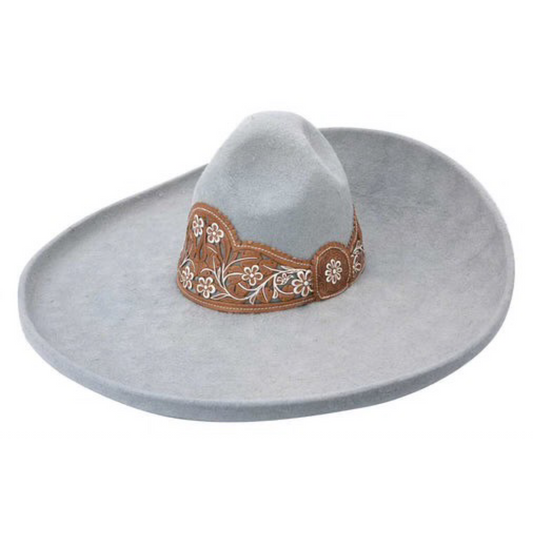 A traditional gray sombrero with a decorative band and embroidered details.