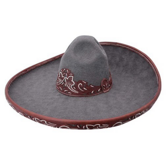 A traditional gray sombrero with a patterned brim and decorative details around the crown.