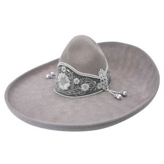 A traditional gray sombrero charro with a decorative band and silver embellishments.