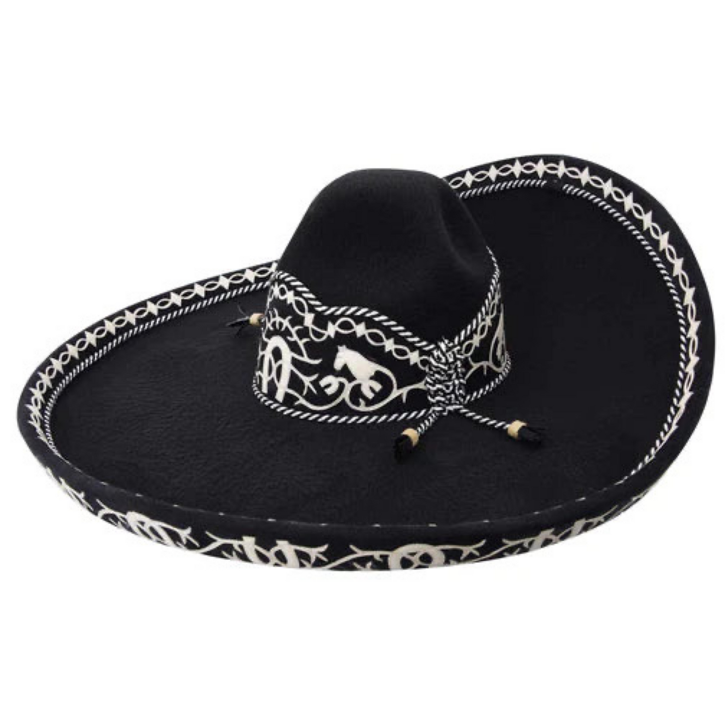 A traditional black sombrero with a white diamond pattern around the base and a decorative band.