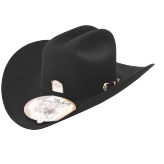 A black Larry Mahan 6X Estilo Real cowboy hat with a wide brim and a band detail featuring a buckle.
