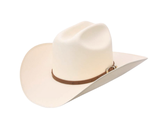 A white cowboy hat with a medium brim and a band around the base.