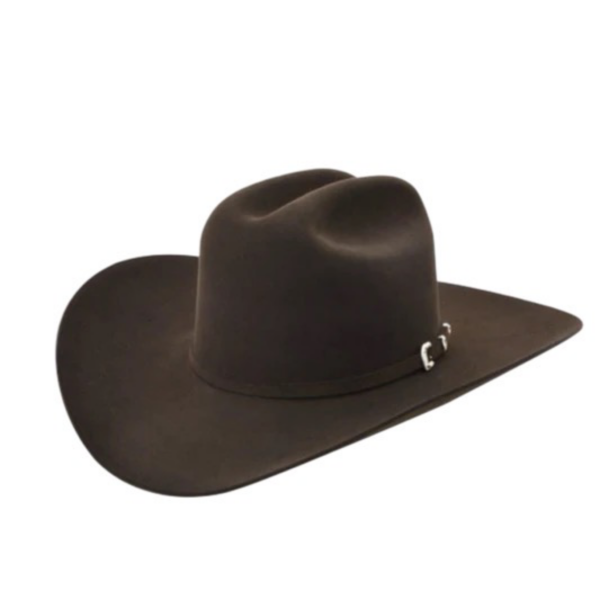 A brown Stetson 30X El Patron cowboy hat with a classic shape and a gold and silver embellished buckle on the band.