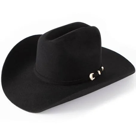 A black Stetson cowboy hat with a leather sweatband and a silver buckle set on the brim.