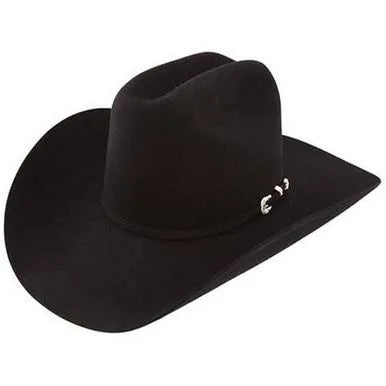 Black Stetson 5X Lariat cowboy hat with a wide brim and a silver decorative buckle on the band.