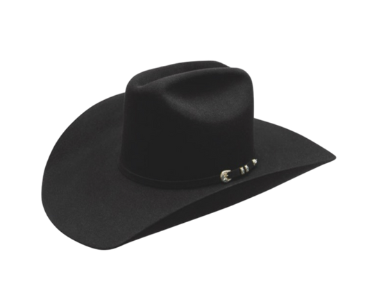 A black cowboy hat with a wide brim and a silver buckle on the band, representing the Texana Stetson Yuma 6X.