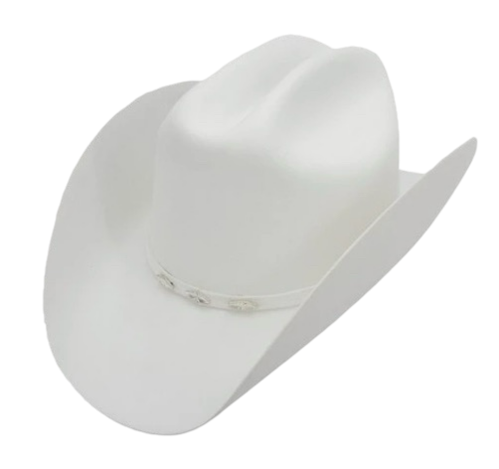 A white cowboy hat with a round crown and a flat brim.