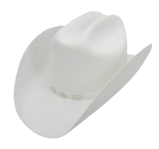 A white cowboy hat with a round crown and a flat brim.