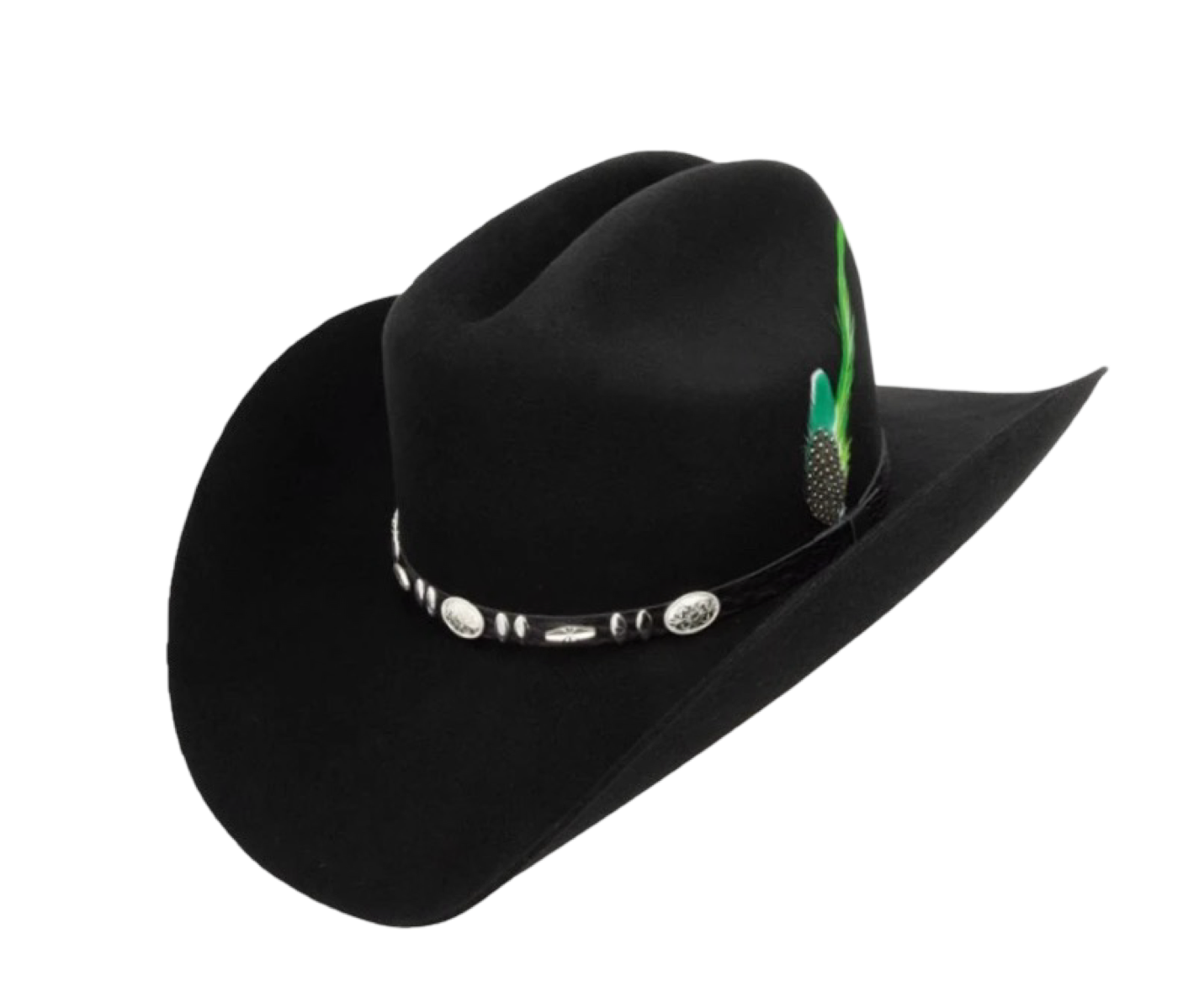 A black cowboy hat with a decorative band featuring silver elements and a green detail, possibly a flower or embellishment.