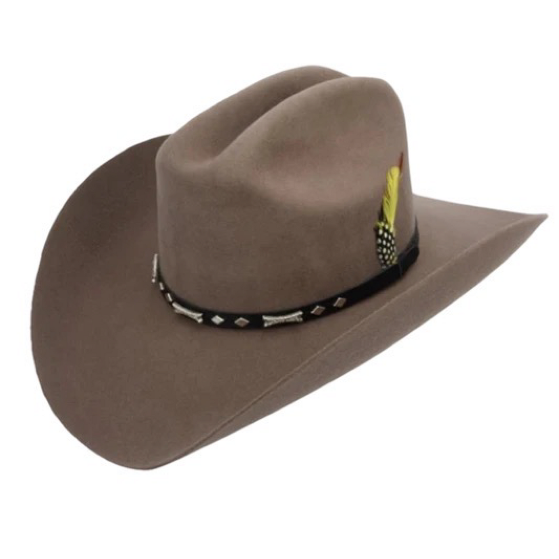 A brown cowboy hat with a band decorated with what appears to be a feather and small concho details.