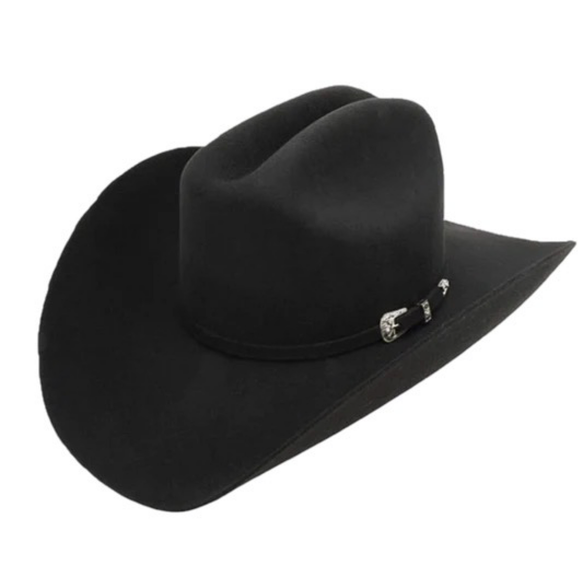 A black cowboy hat with a pinion design on the band, made of wool.