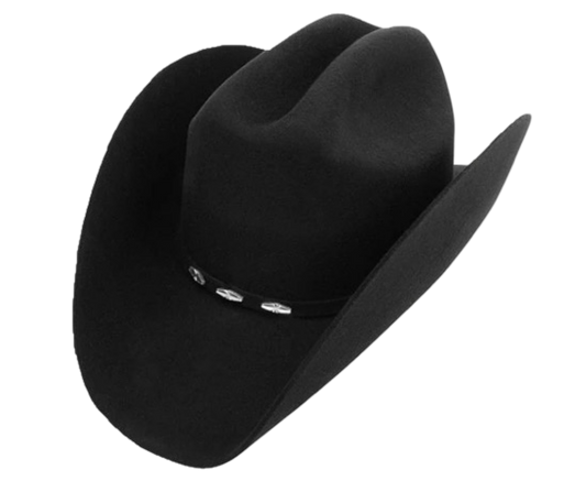 A black cowboy hat with a subtle curve and a band detail in the front.