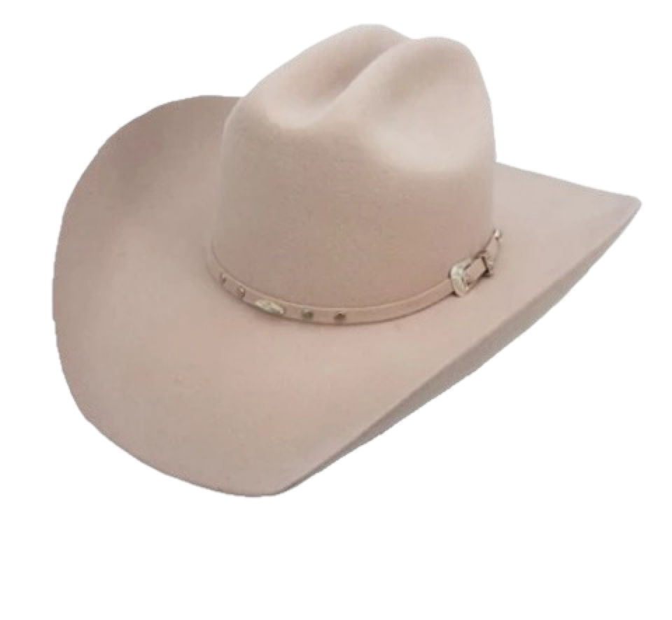A beige cowboy hat with a band detailed with metal accents.