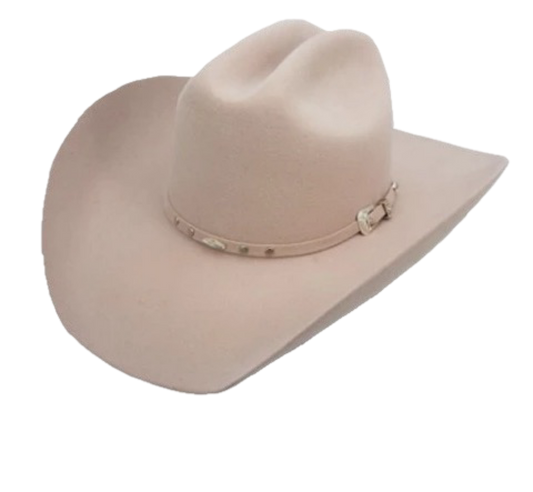 A beige cowboy hat with a band detailed with metal accents.
