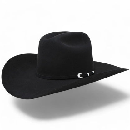 Black cowboy hat with a belt on a white background