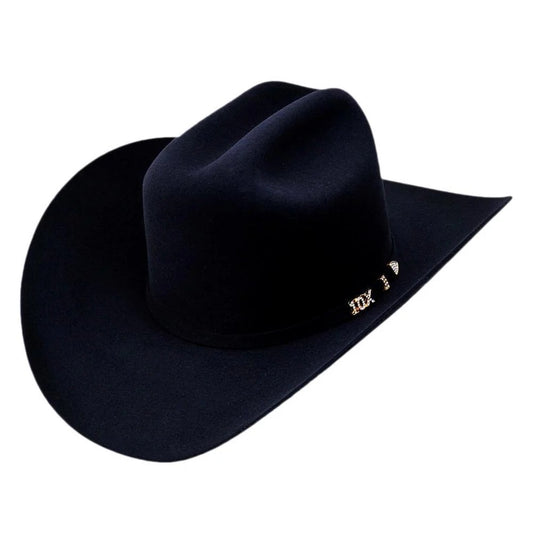 Black cowboy hat with a brand logo on a white background