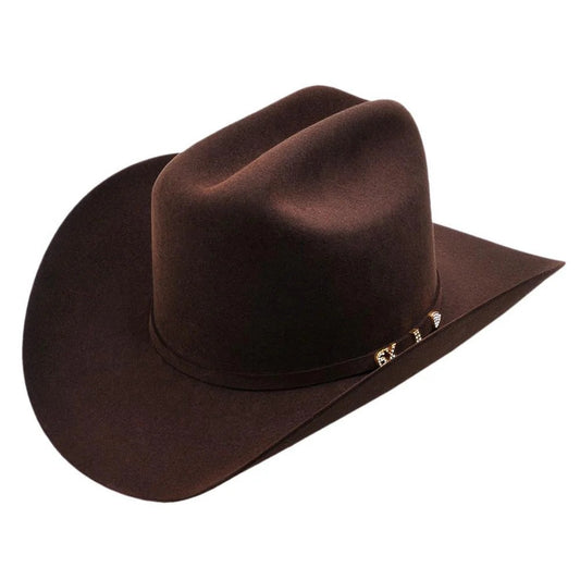 Brown cowboy hat with a band on a white background