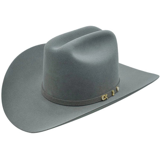 Gray cowboy hat with a band on a white background