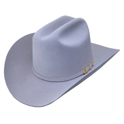 Light blue cowboy hat with a brand logo on a white background