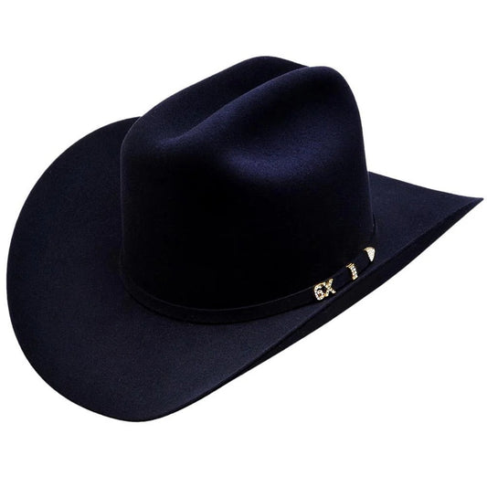 Black cowboy hat with a brand logo on a white background