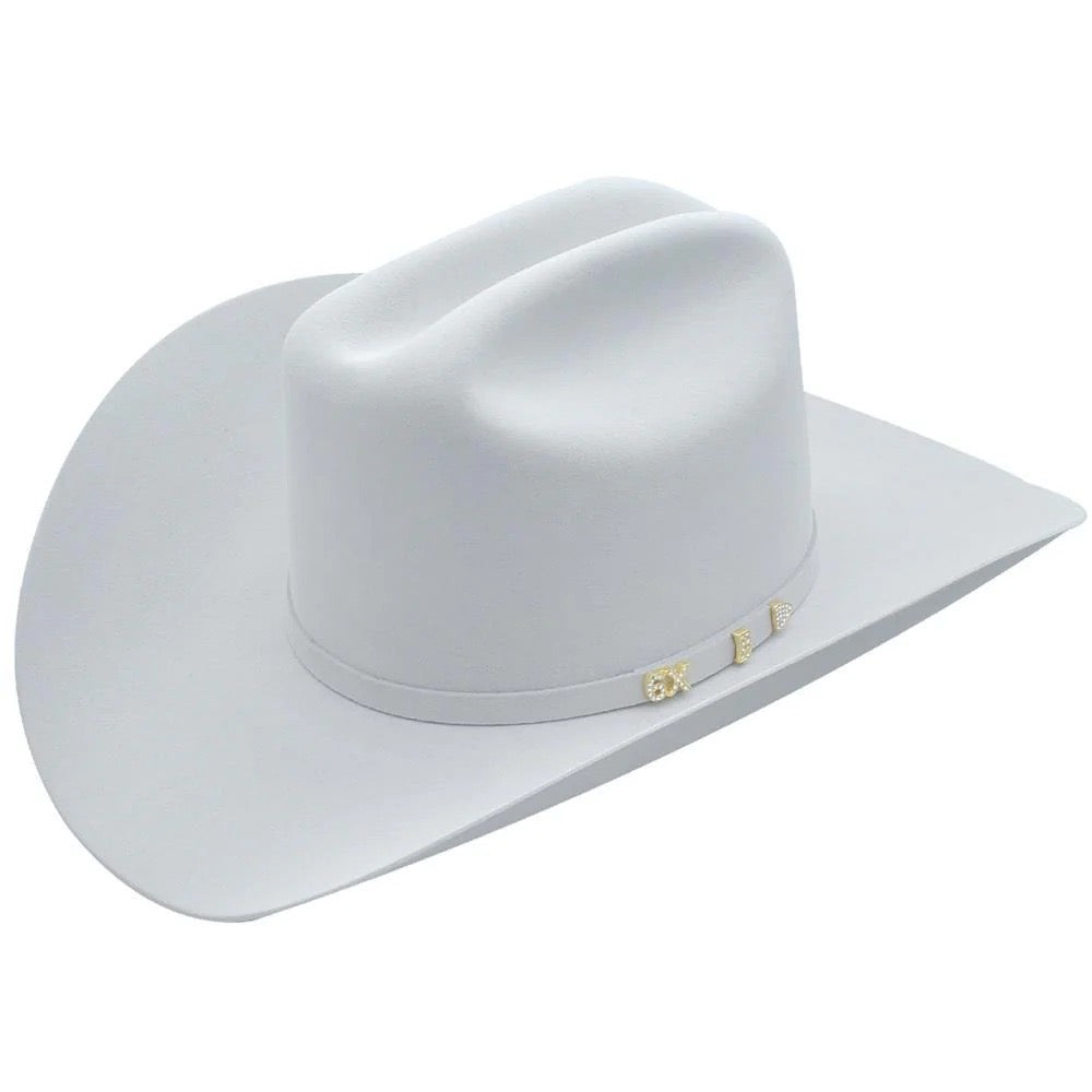 White cowboy hat with a brand logo on a white background