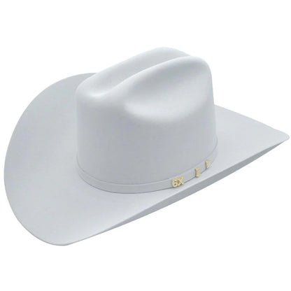 White cowboy hat with a brand logo on a white background